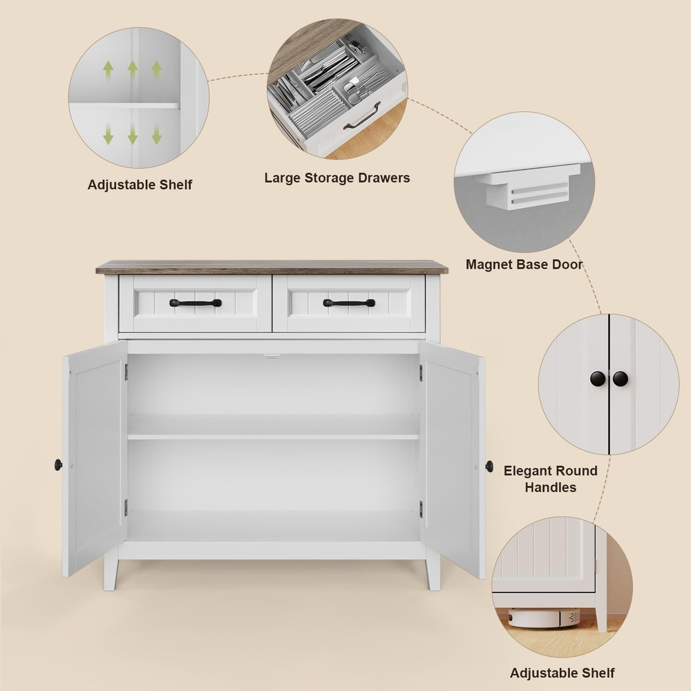 Kitchen Sideboard Buffet Cabinet, 32'' H Large Kitchen Storage Island and Adjust