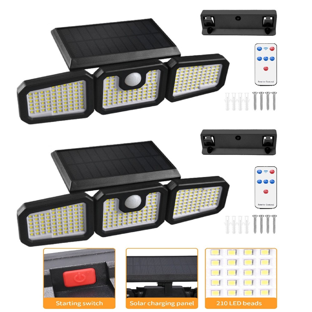 2Pcs Solar Security Lights 210LED Motion Sensor Flood Light IP65 Remote Control