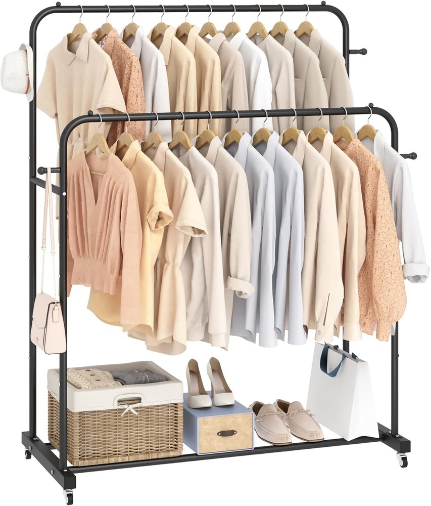 Multi-Functional Black Garment Rack with 360° Wheels and 2 Shelves - Easy Setup