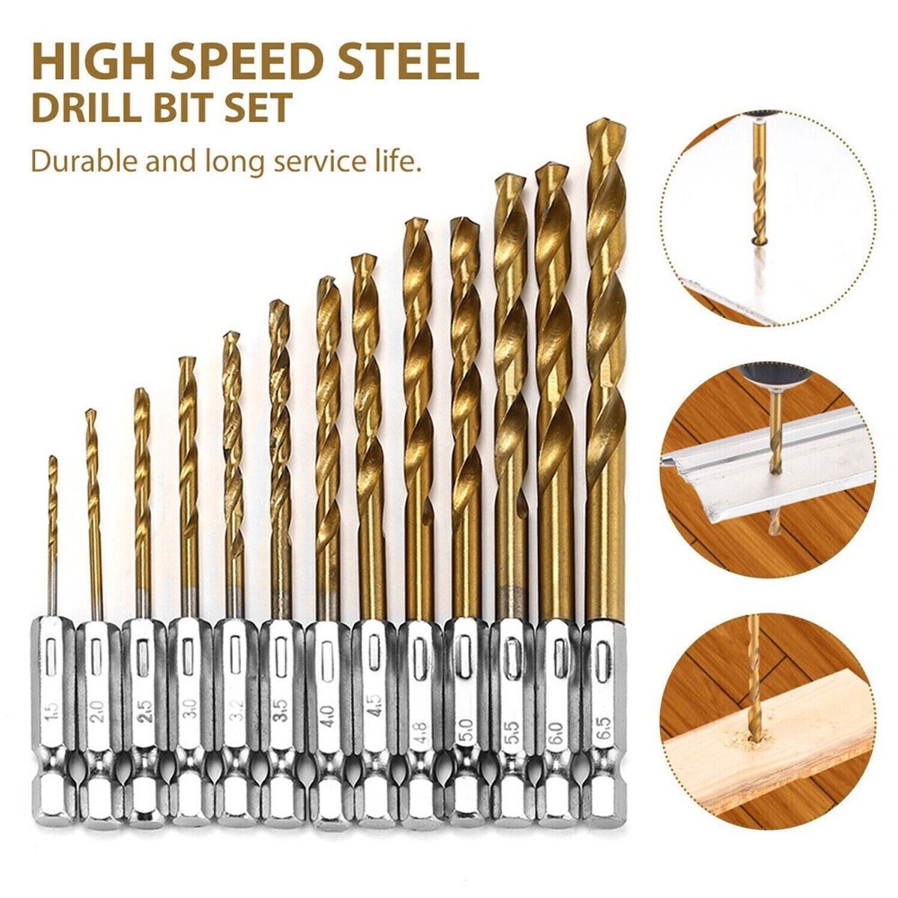 13PCS HSS Twist Drill Bit Set Metal Titanium 1/4" Hex Shank Kit QUICK RELEASE