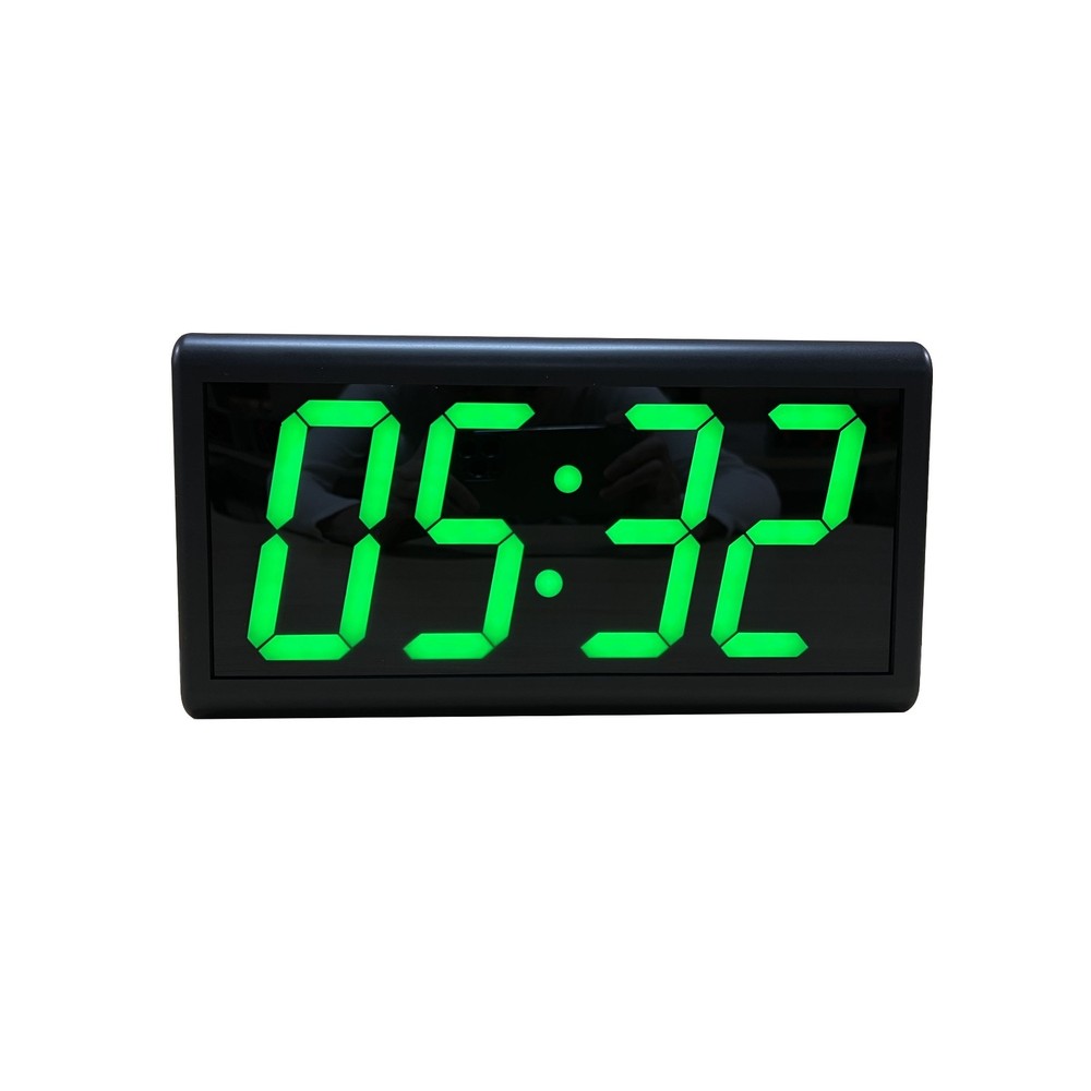 Green Digital PoE Network Synchronized Clock, Plastic Case, Black Glass Screen
