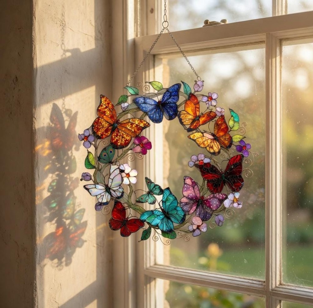 Butterfly Wreath Acrylic Suncatcher, Spring Window Decor