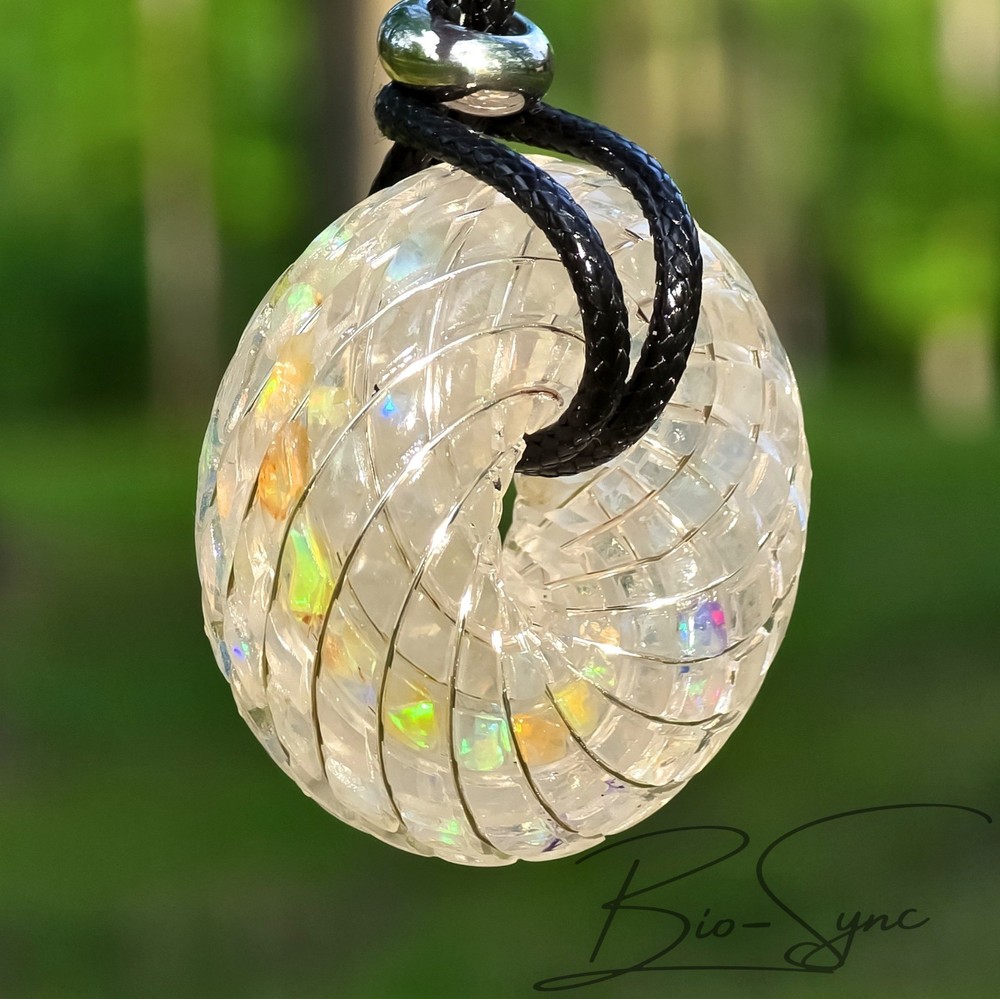 Phi Torus Vortex Energy Pendant—Phenacite, Calcite, Fire Opal, .999 Fine Silver