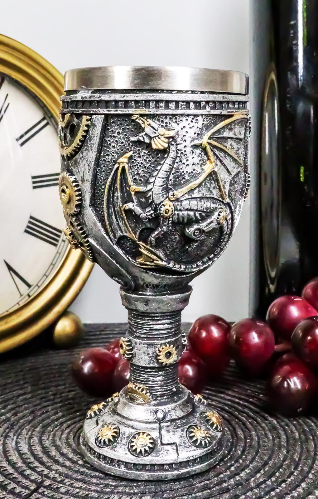 Silvered Steampunk Dragon and Gears Goblet w/Stainless Steel Liner