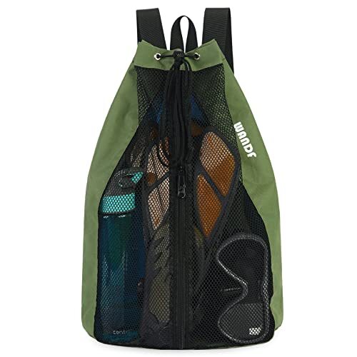 Swim Bag Mesh Drawstring Backpack Beach Backpack for Swimming, Gym, and Green