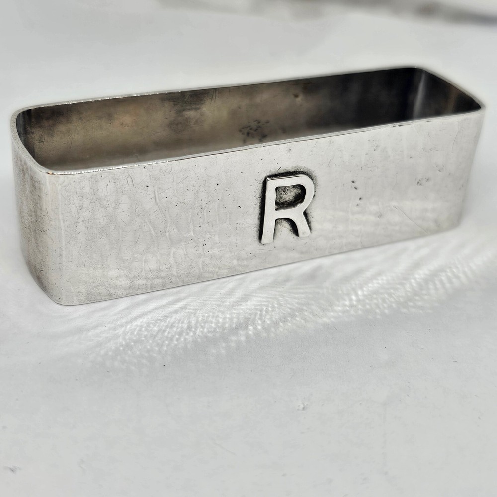 ANTIQUE LEBOLT LARGE HAND HAMMERED STERLING SILVER RECTANGULAR NAPKIN RING,R