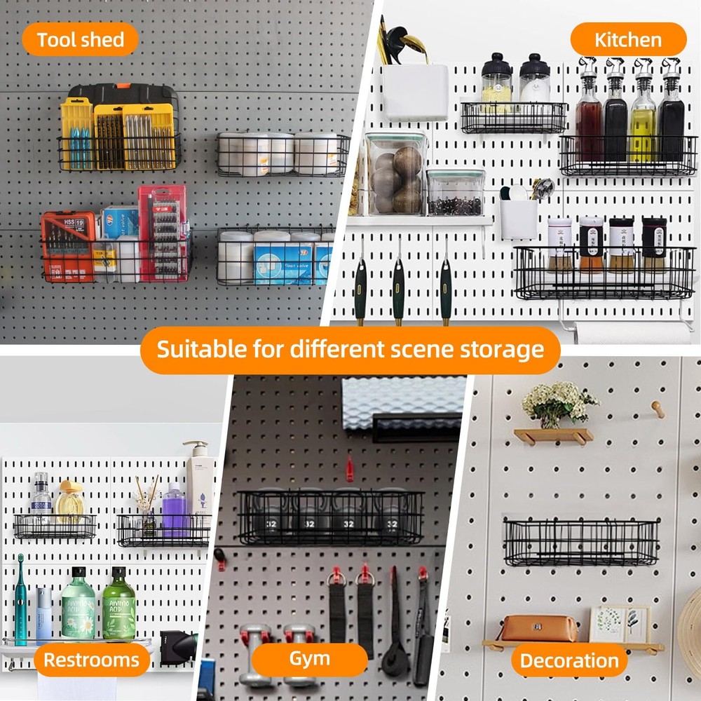 4 Pack Pegboard Baskets Hooks Set, Square Style 4 Size Peg Board Organizer