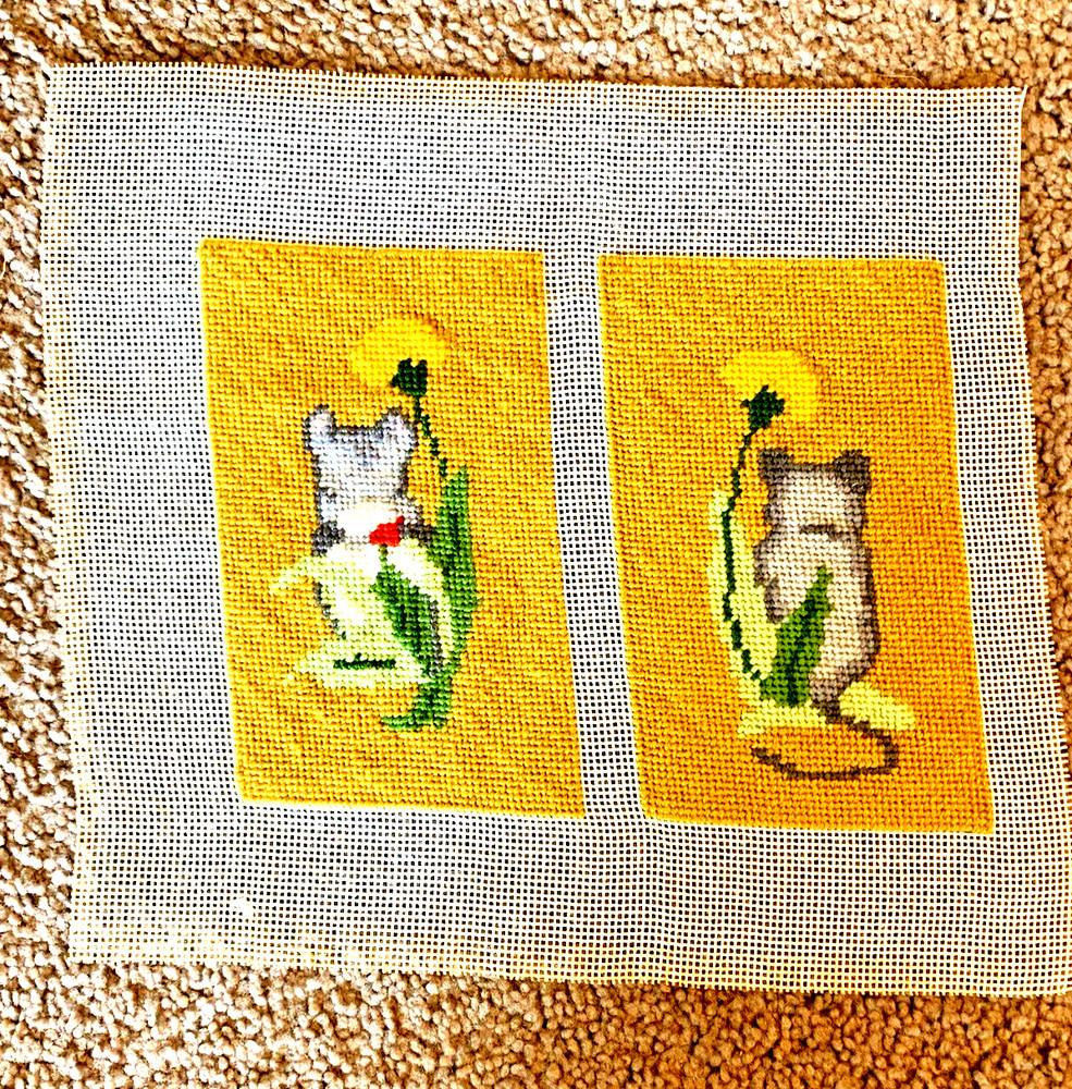 Vintage Completed Needlepoint Finished Tapestry 2 Cats & Dandelions 7X4"