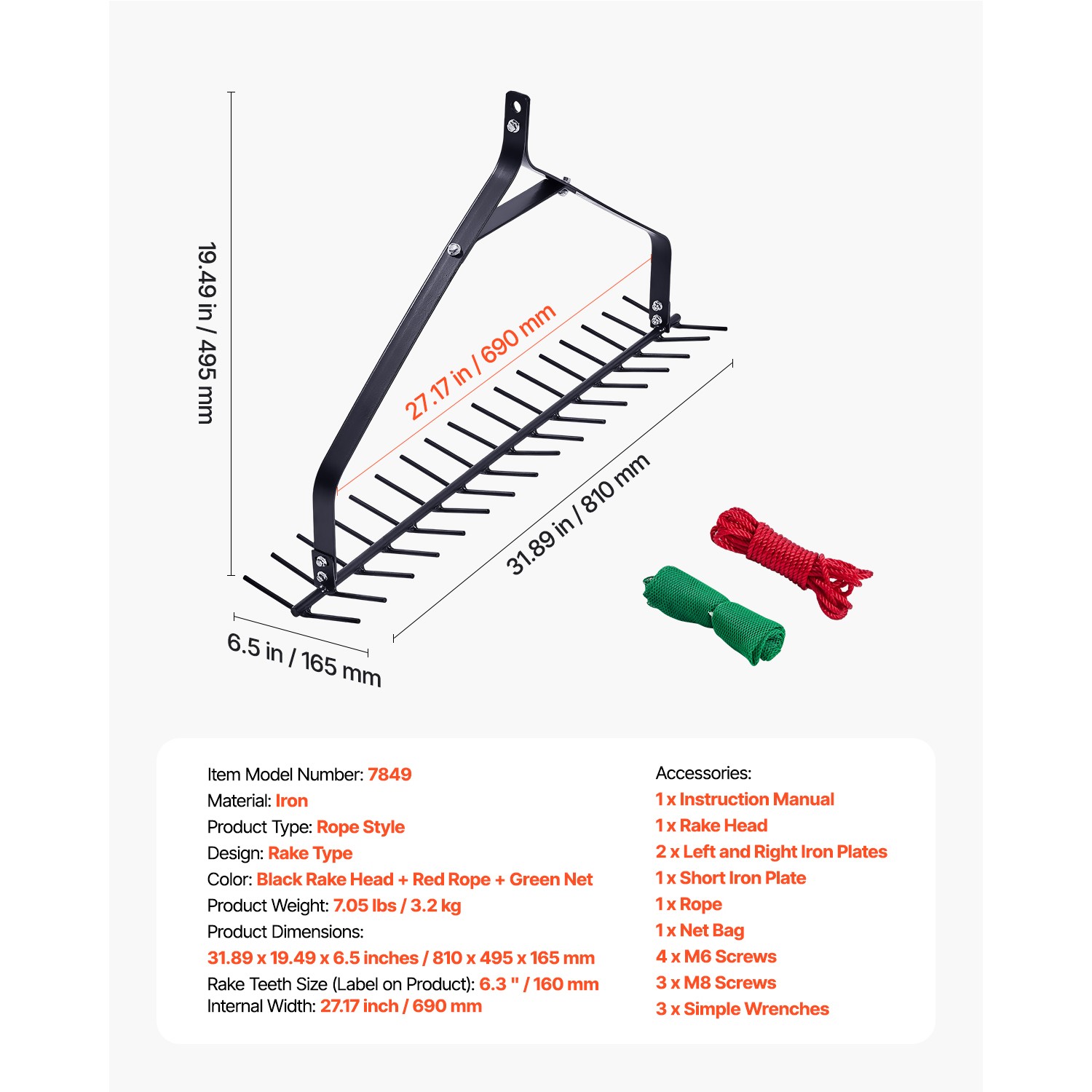32x6.3 in Pond Aquatic Weed Rake Double-Sided Lake Weed Removal Rake 30ft Rope