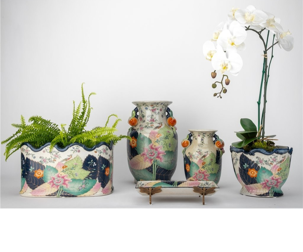 Chinoiserie Porcelain Tobacco Leaf with Pomegranate Handles-8.5''H