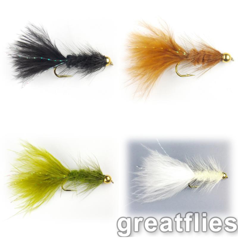 Woolly Bugger Bead Head color assortment - 16 Flies - 4 each Black, Brown, Ol...