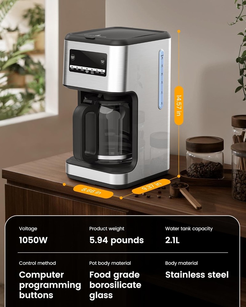 14-Cup Drip Coffee Maker, 24-Hour Programmable Coffee Brewer, Washable Filter