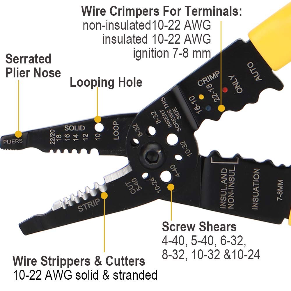DOWELL Wire Stripping Tool Stripper Crimper Cutter Multifunction Yellow