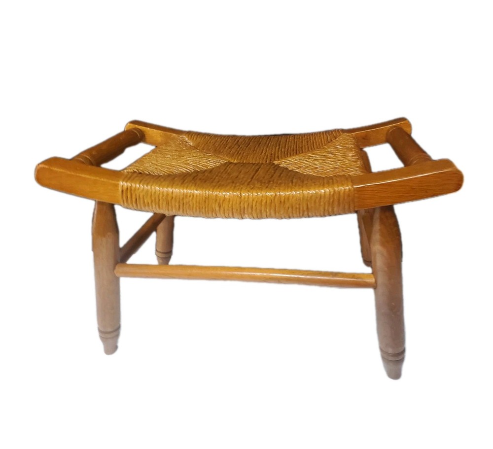 Mid Century Solid Wood Woven Rush Footstool