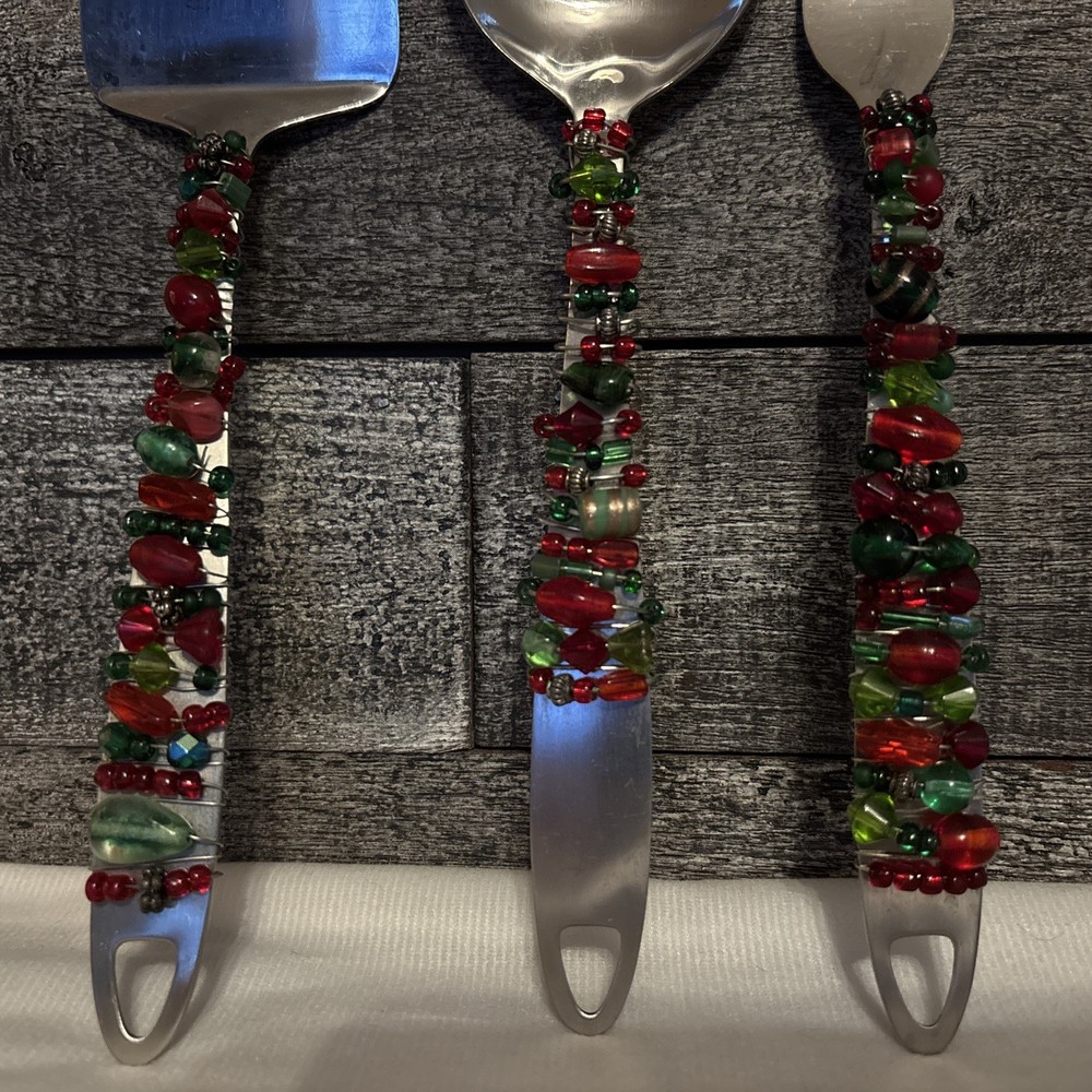 beaded cake knife, serving spoon and fork