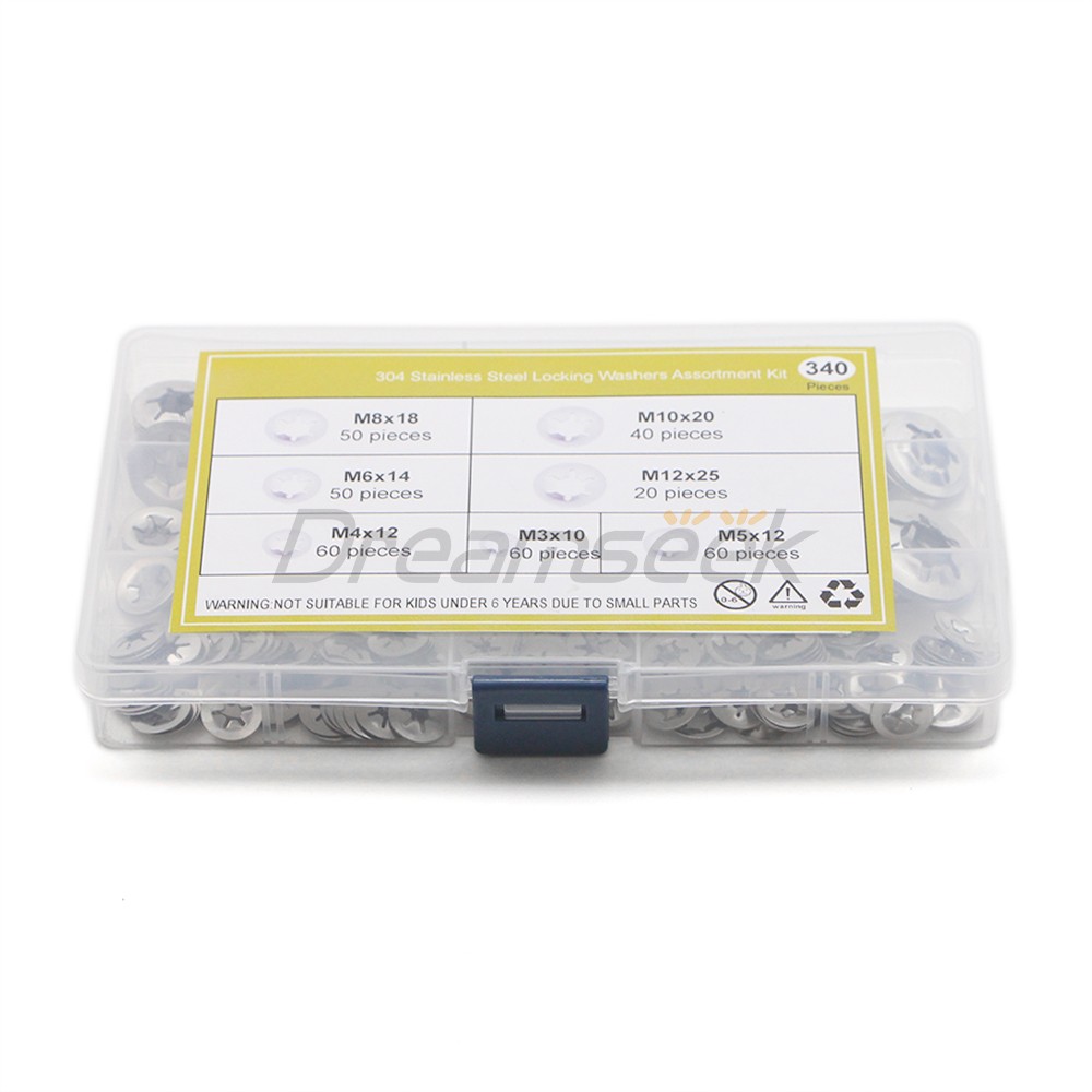 340Pcs Internal Tooth Star Lock Spring Quick Washer Push On Speed Nut Assortment