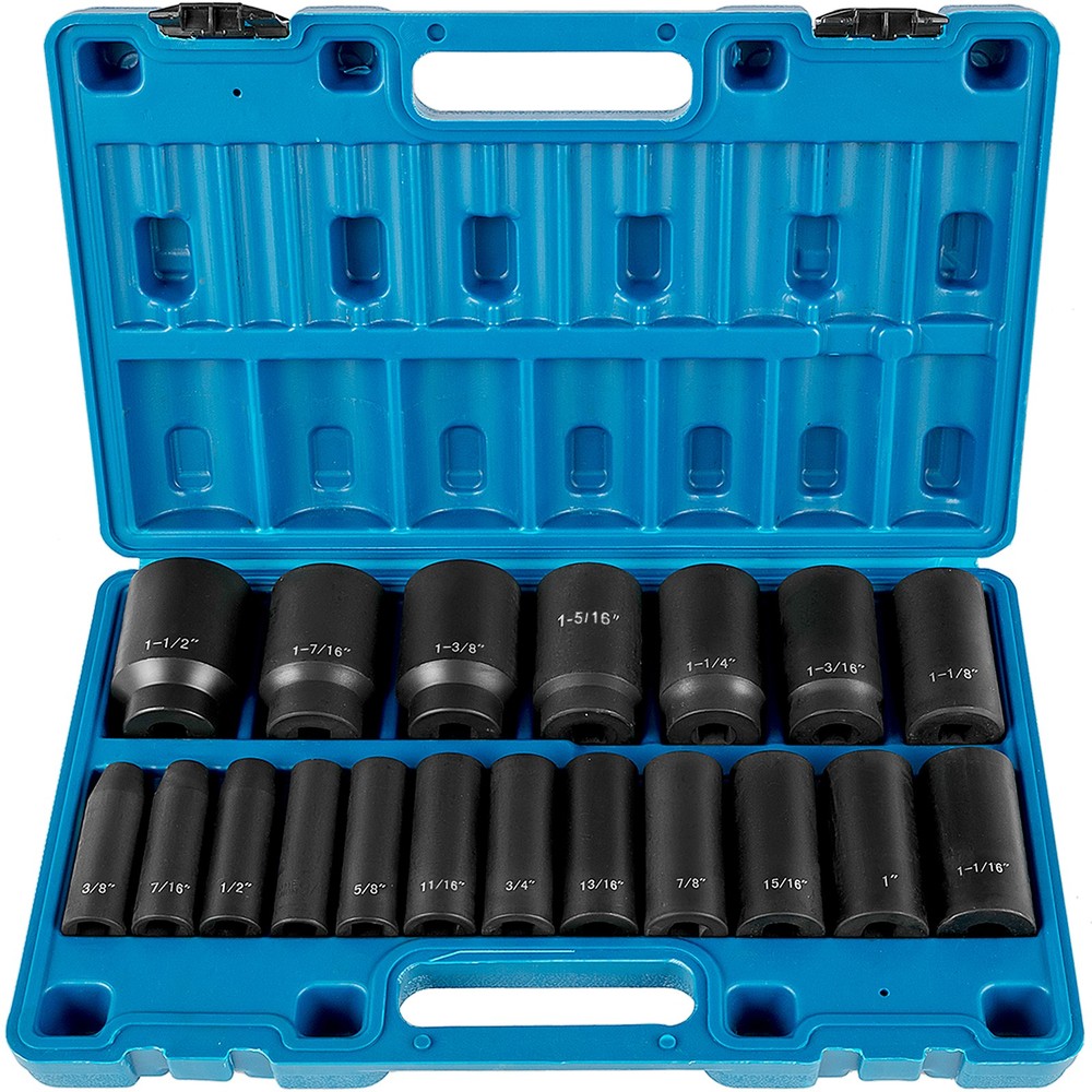 19 Pcs Impact Socket Set 1/2" Drive Deep 6-Point Sockets CR-V Storage Case