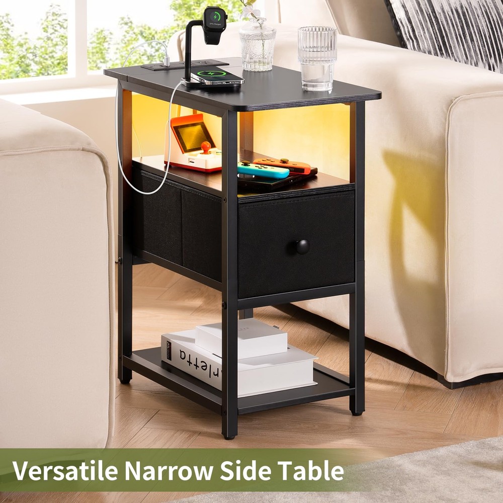 Yoobure End Table with Charging Station, Narrow Side Table with Adjustable Fa...