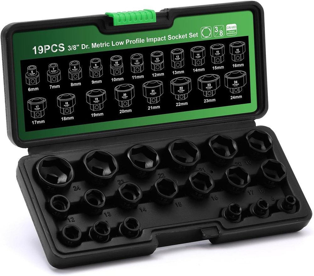 19-Piece 3/8-Inch Drive Metric Low Profile Impact Socket Set, Stubby Socket Set,