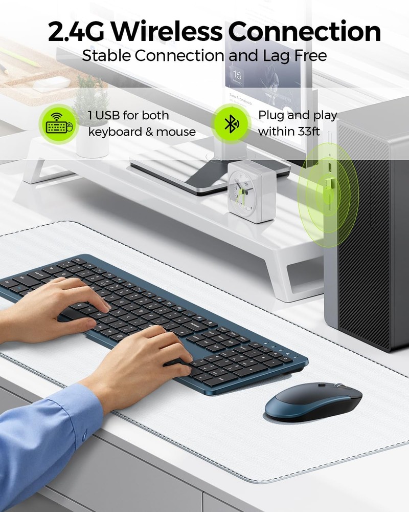 Wireless Keyboard Mouse Combo Full Size Slim 2.4G Numeric Keypad Black Blue