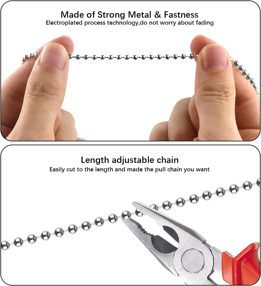 Silver Ceiling Fan Pull Chain Set, 2Pack 3Mm Diameter Beaded Fluorescent Decorat