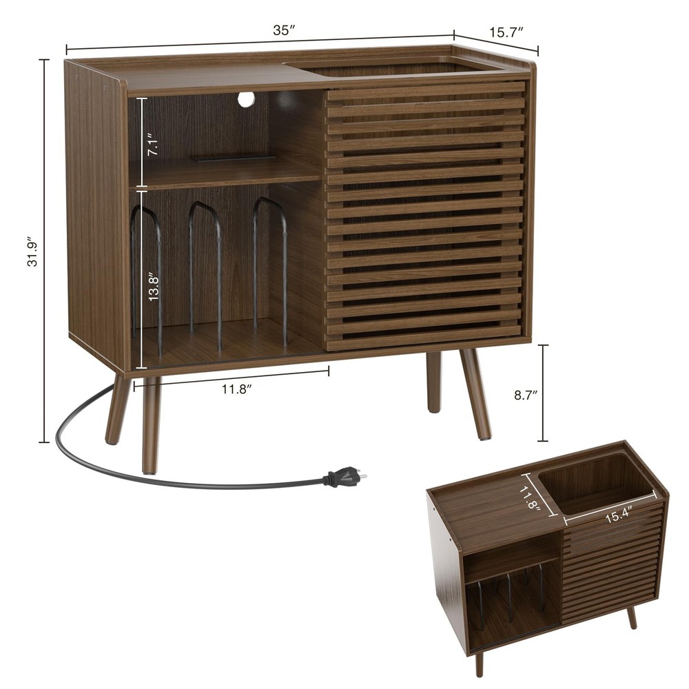 Medieval modern record player stand, featuring a socket and sliding door design.