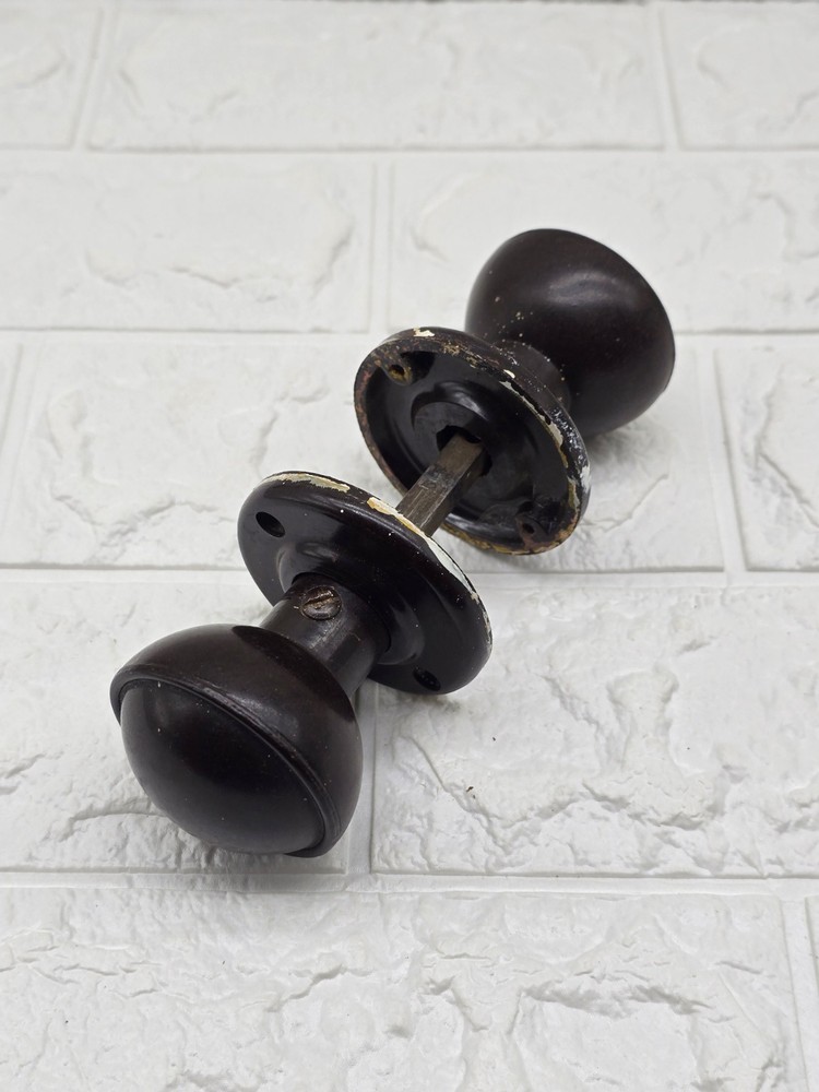 Pair Of Original Art Deco Bakelite Door Knobs Round Brown Reclaimed C1930s