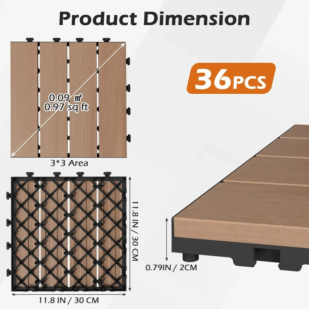 36Pcs HDPE Interlocking Deck,Waterproof Snap-Together w/Drainage Design,Brown