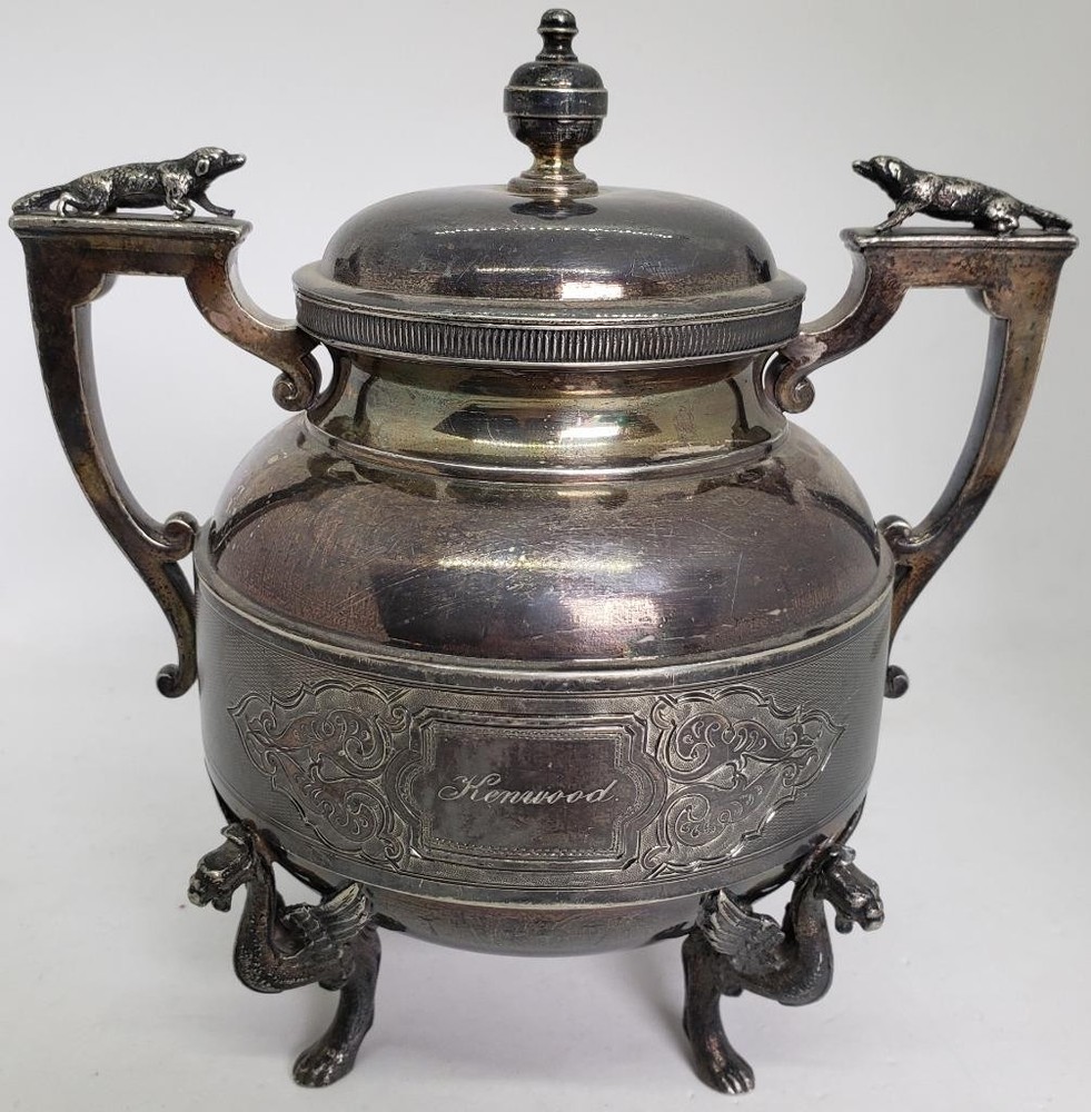 Wilcox Figural Compote Pot Quadruple Silver Plate Griffin Dragon Feet Dog Mono