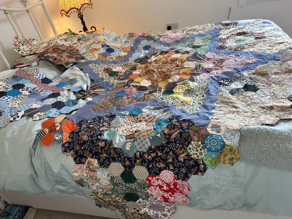 Vintage Handmade Patchwork quilt Unfinished project 96” x 90” hexagon