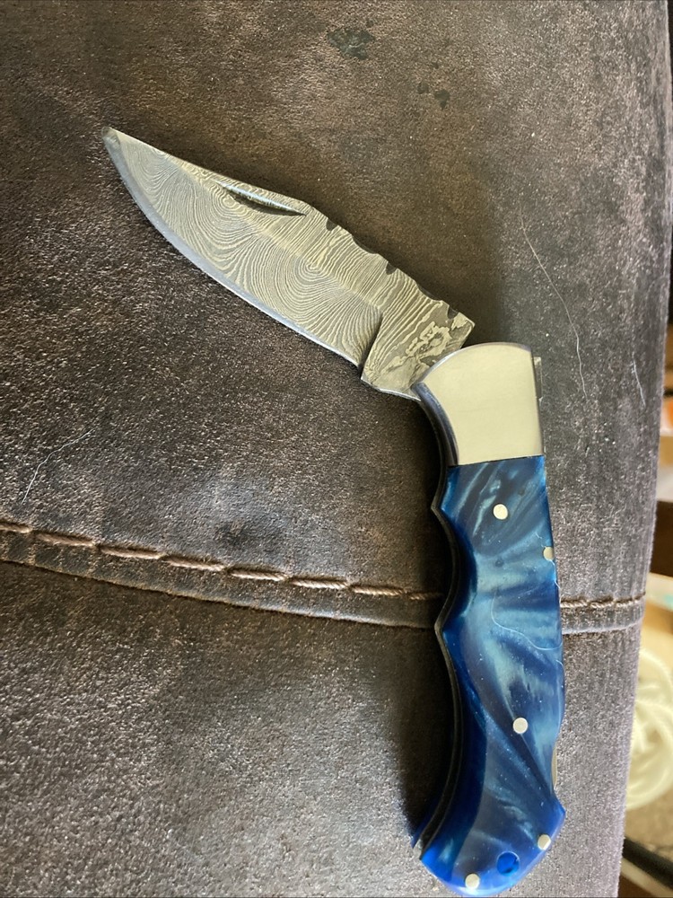 Damascus Blade Folding 2 1/4 In Blade Blue