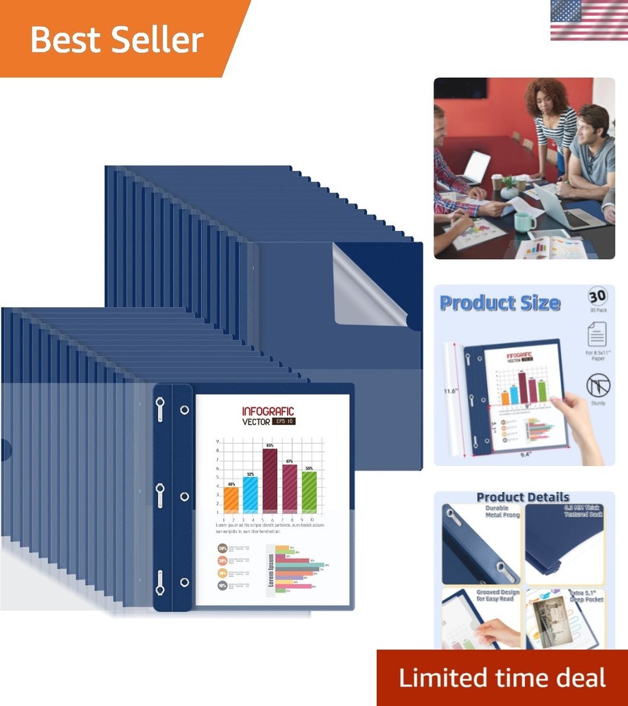 30 Pack Plastic Report Covers with 3-Prong Fasteners Clear Front Presentation...