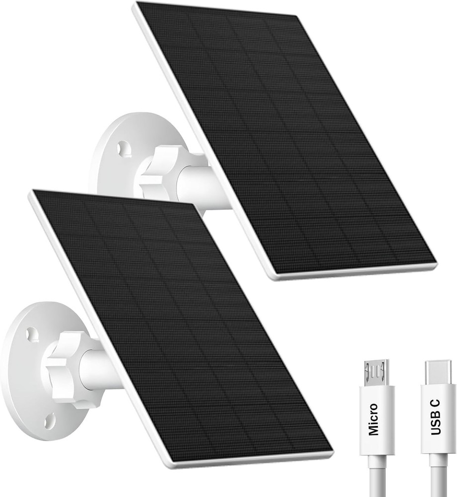 Solar Panel for Security Camera, 2 Pack 2W Solar Charger with Micro USB & USB-C