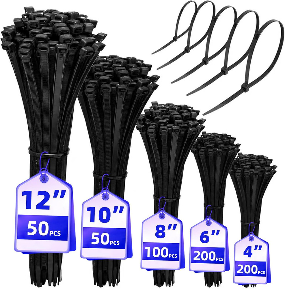 Black Zip Ties Assorted Sizes 4+6+8+10+12-Inch，600Pcs Multi-Purpose Self-Locking