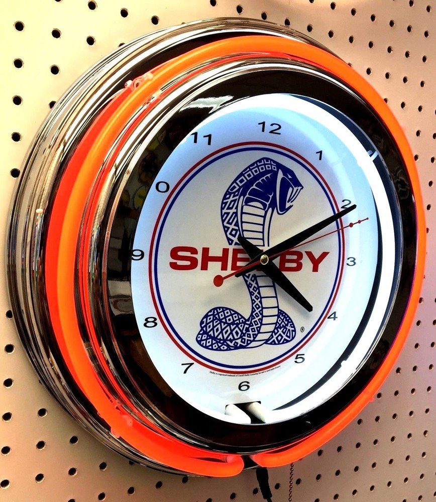 15" Red SHELBY Snake Double Neon Chrome Clock Cobra Mustang