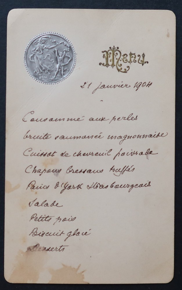 Silver menu January 2, 1904 Deer capons bressans restaurant card