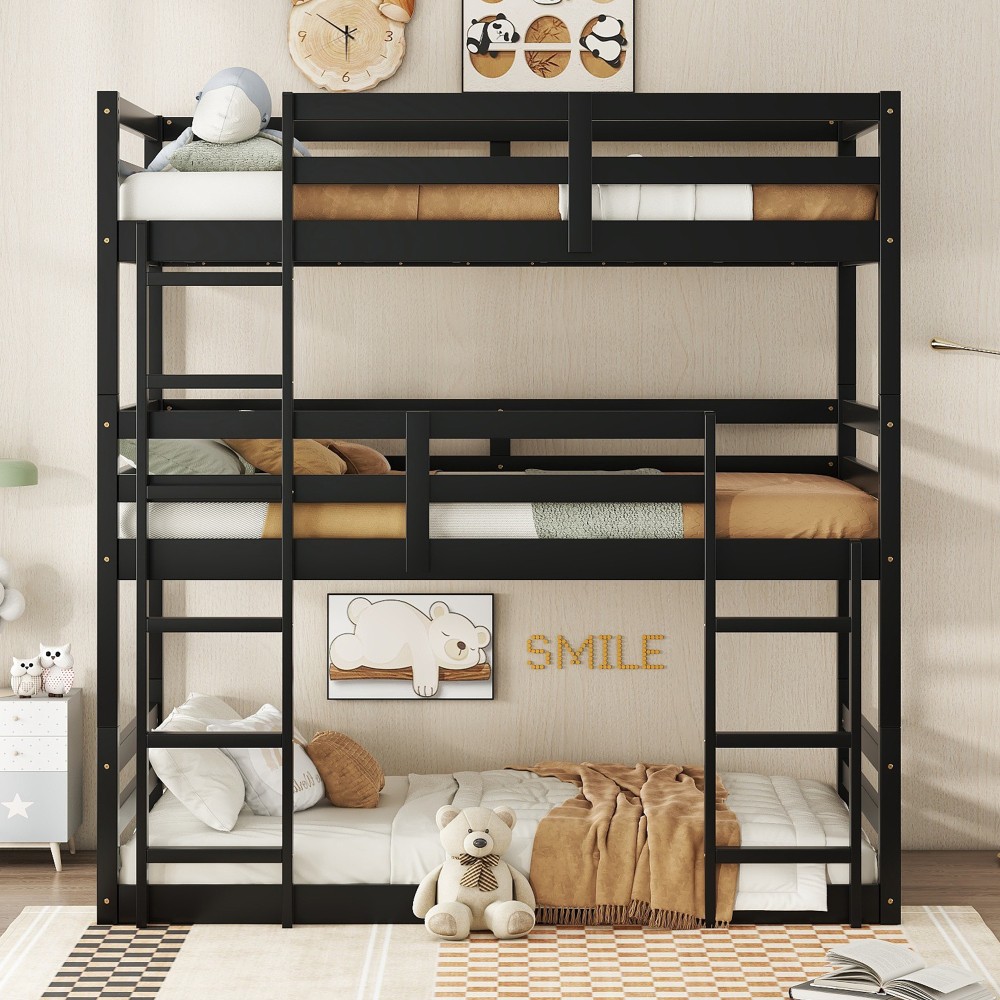 Triple Twin Bunk Bed w/ 2 Ladders & Guardrails, Black Solid Wood