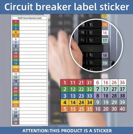 CIRCUIT BREAKER LABELS ELECTRIC PANEL LABELS – 40 POSITION -COLOR-CODED ADHESIVE