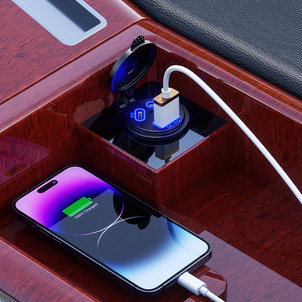 Dual PD+QC 3.0 USB Port Car Cigarette Lighter Socket Plug LED Indicator Black