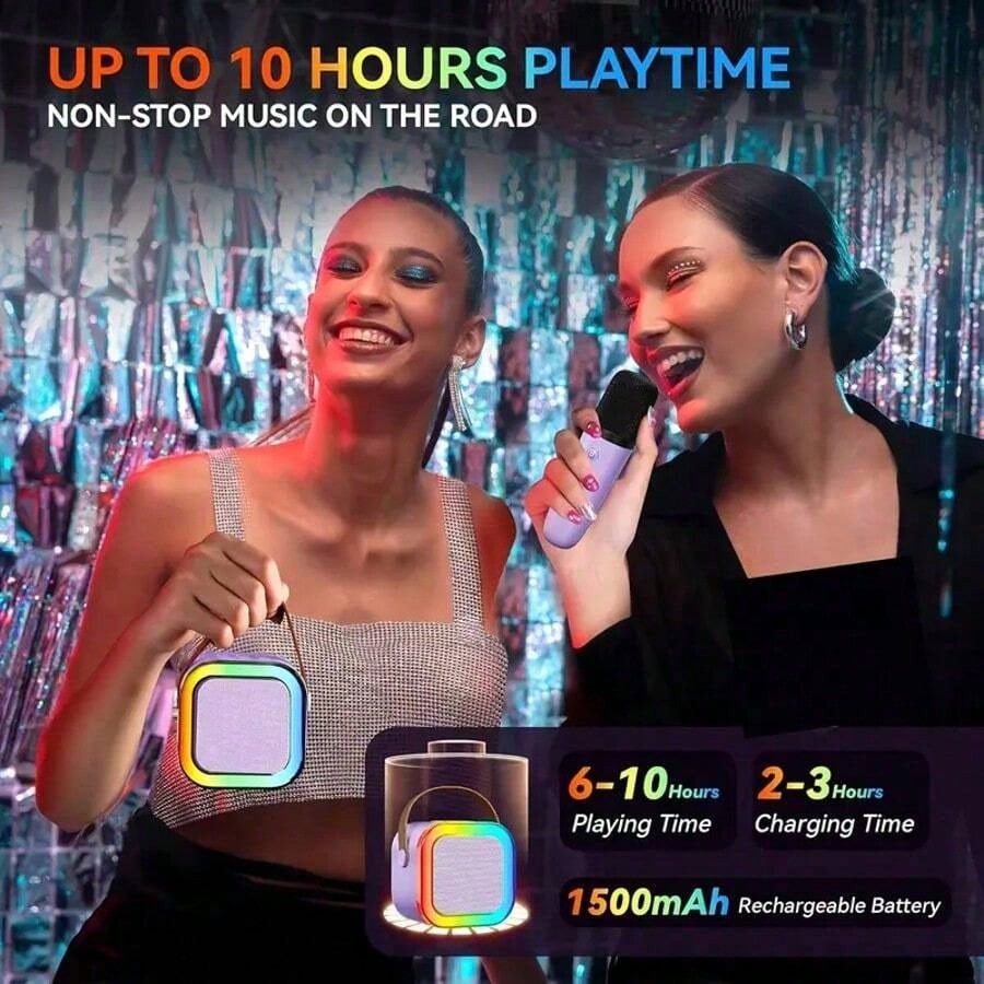 2-Mic Mini Karaoke Machine, Portable Wireless Microphone Speaker With LED Lights