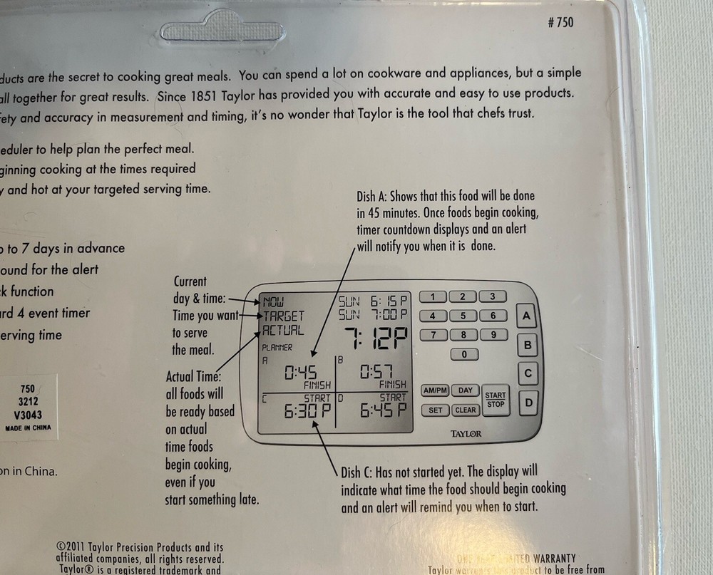 Taylor Plan & Prep Digital Meal Serving Scheduler Timer #750