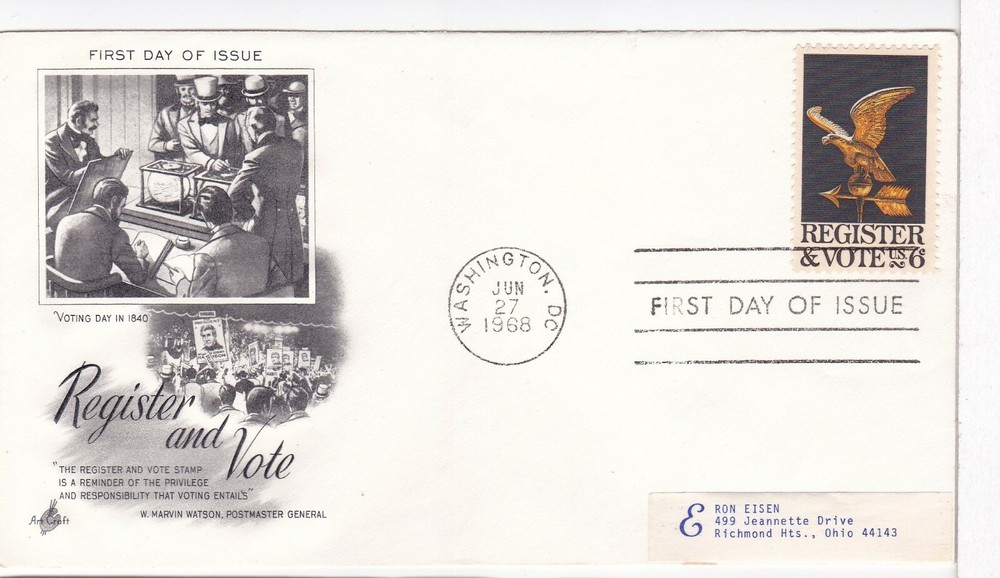 TurtlesTradingPost- Register / Vote Eagle 1968 #1344 FDC Artcraft Cachet