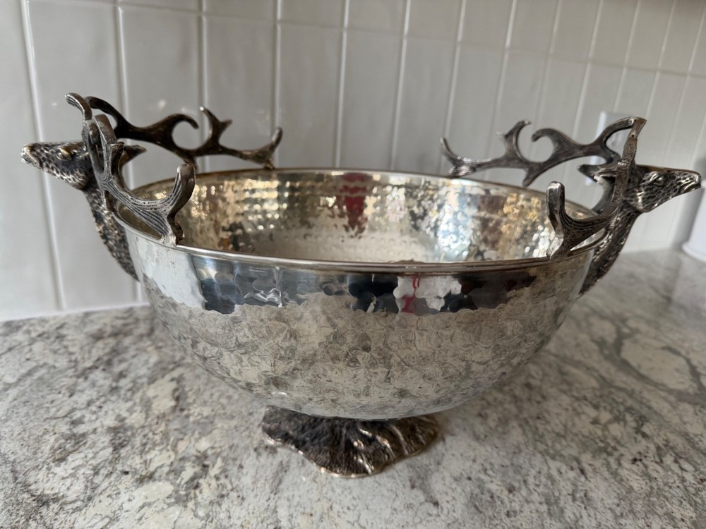 LARGE HAMMERED SILVER PLATE BOWL 18", DOUBLE DEER/STAG HEAD HANDLE CENTER PIECE
