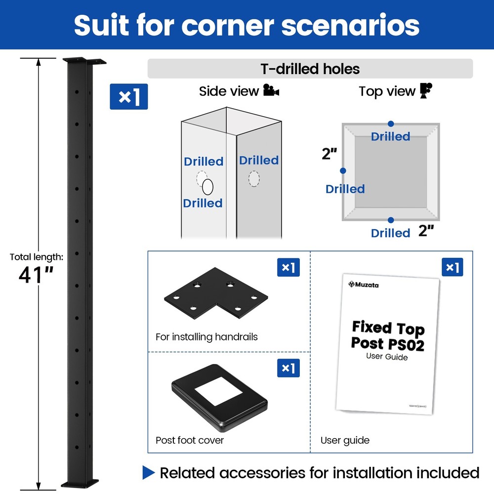 Muzata T-Corner 42"x2"x2"Fixed Top Black Cable Railing Post PS02 B34L
