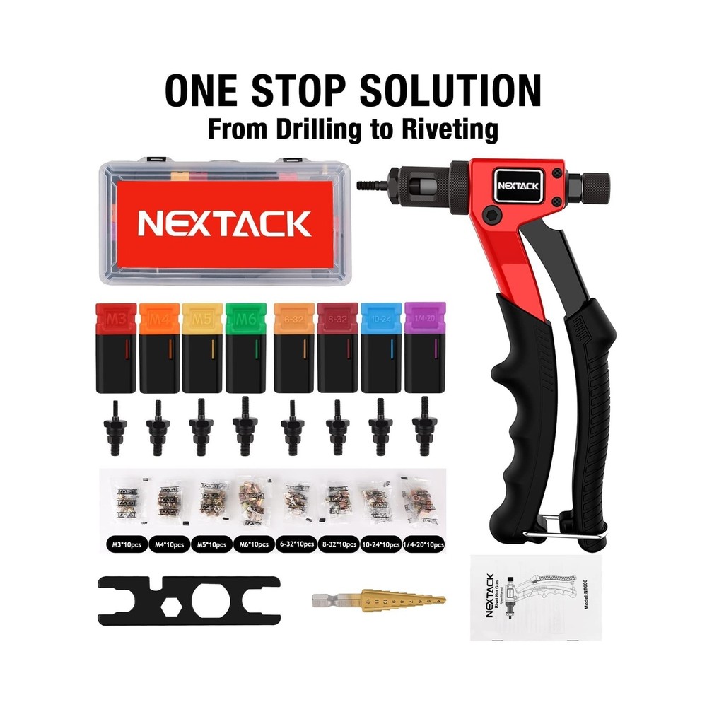 NEXTACK Rivet Nut Tool Kit with a Step Drill Bit & 80 Nutserts for Tight Spac...