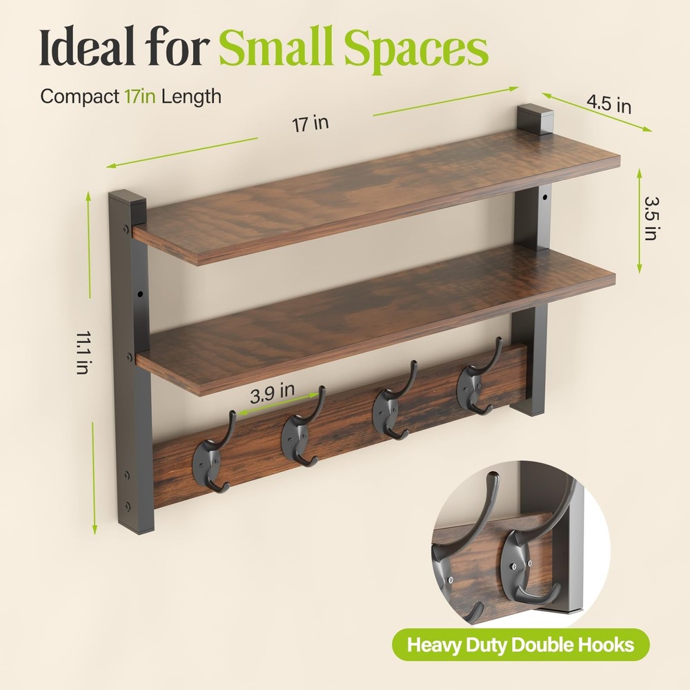 Two-Tier Wall Shelf with Hooks, 17" Coat Rack Wall Mount with Shelf, Key Hook...