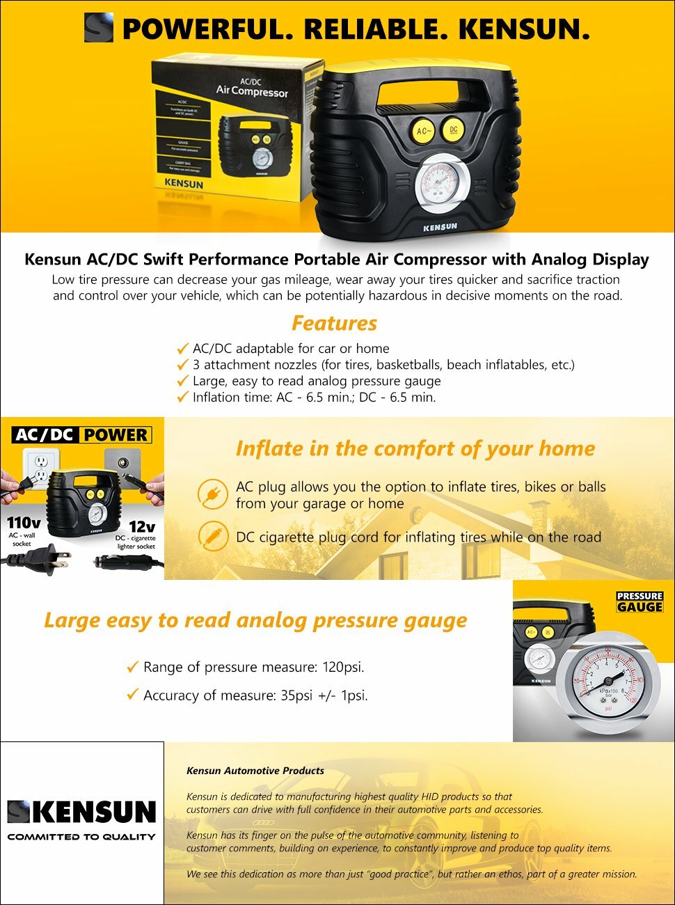 Kensun Portable Air Compressor Pump for Car 12V DC and Home 110V AC