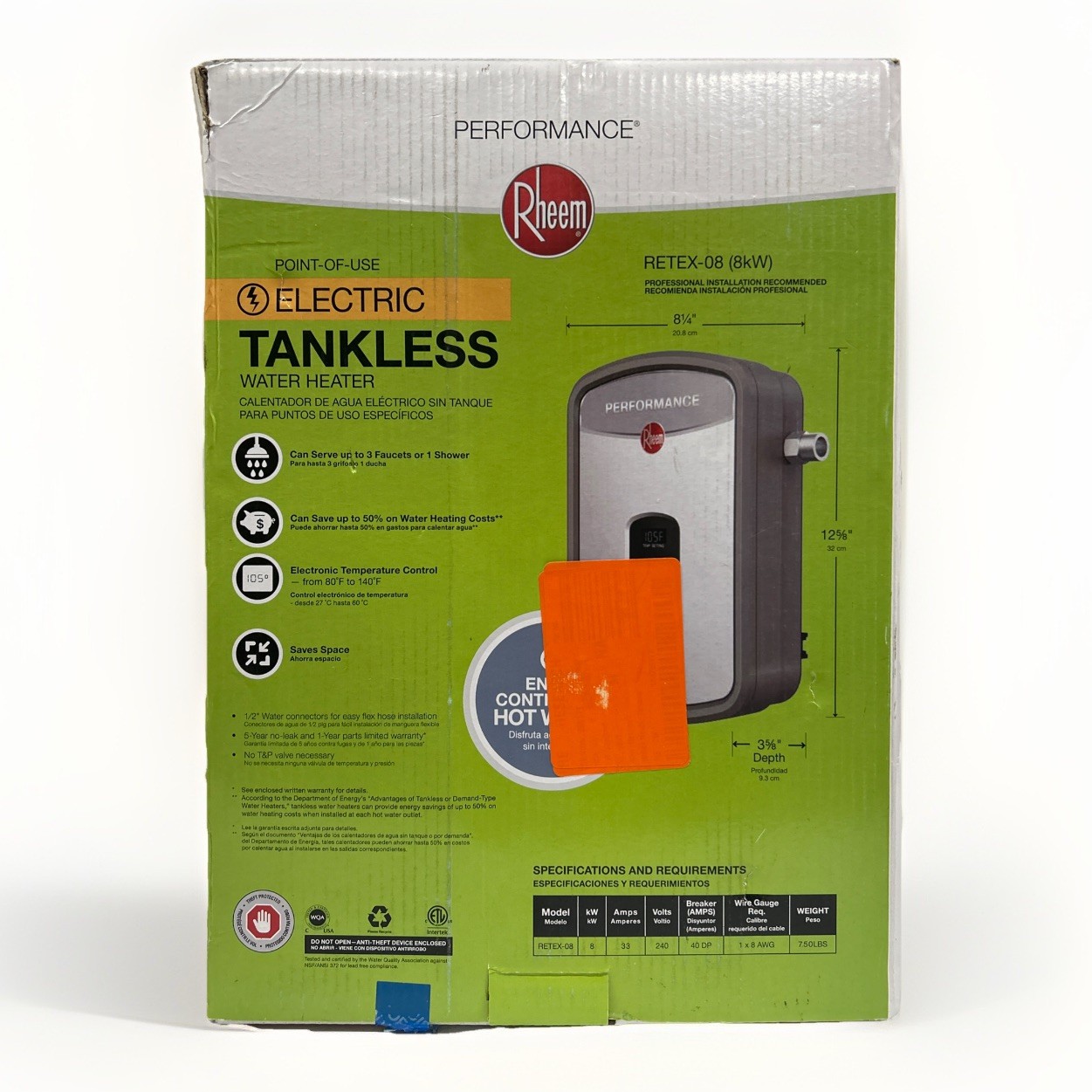 Rheem RETEX-08 8kW 240V Point Of Use Electric Tankless Water Heater