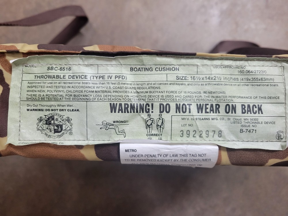 Stearns Boating Throwable Device Old School Camo Type IV PFD Model SCC-6516
