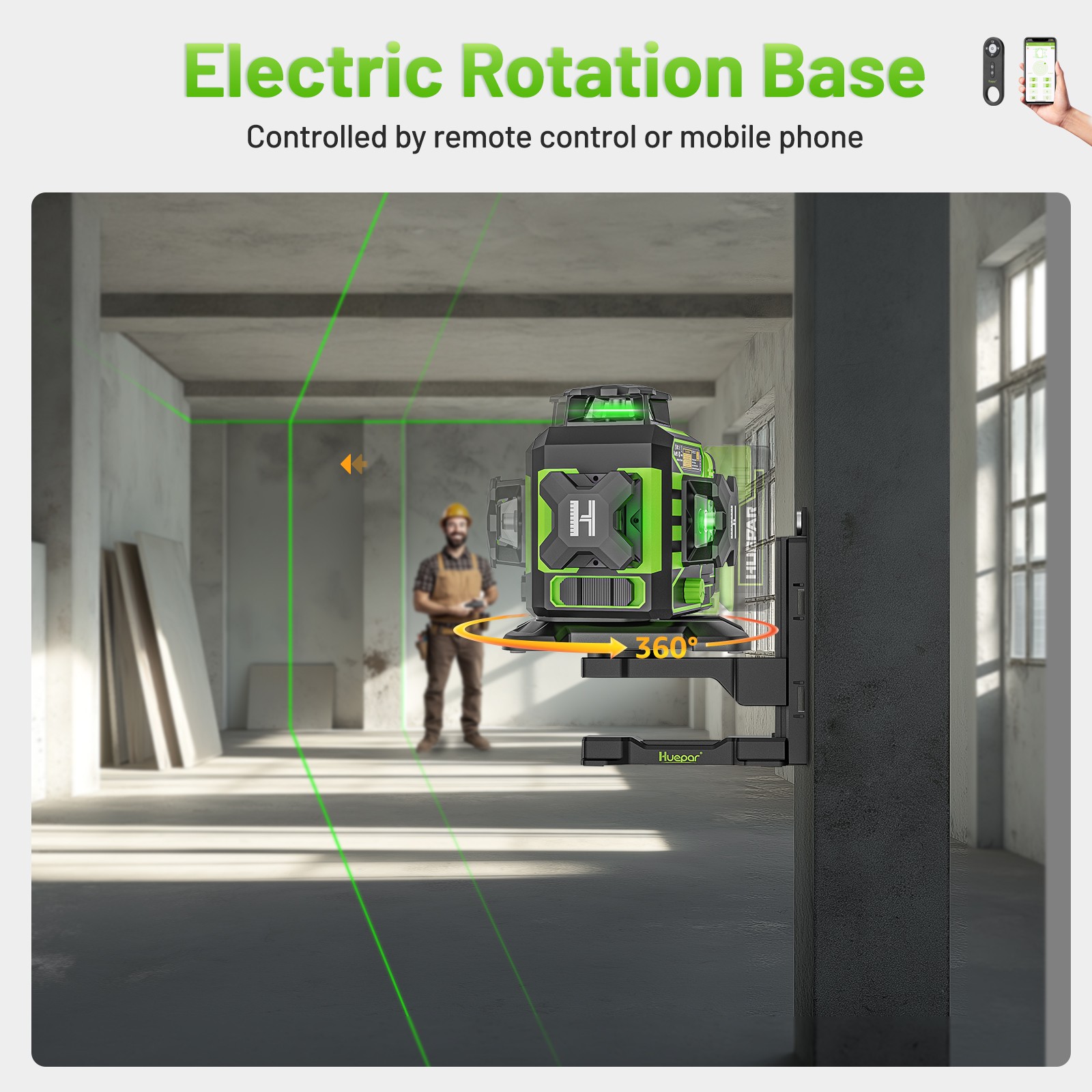Huepar 3x360° Green Cross Line Bluetoothed Laser Level with Large LCD Screen